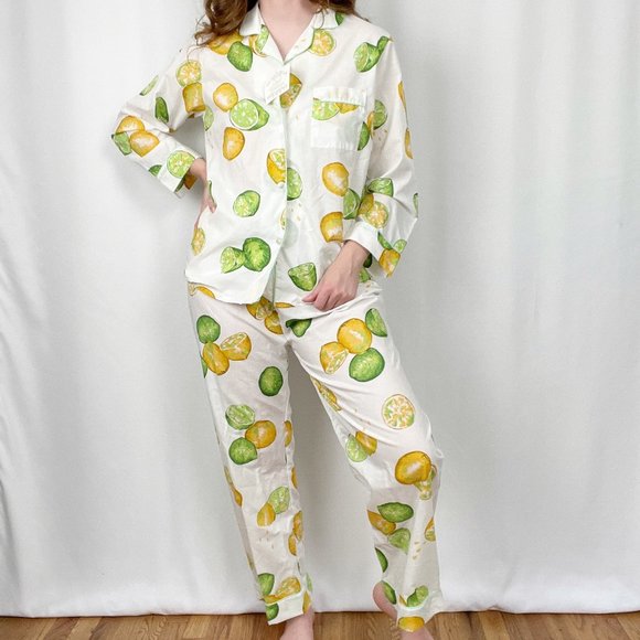 Deadstock Vintage Novelty Citrus Print Matching Pajama Shirt & Long Pants PJ Set - Picture 4 of 9
